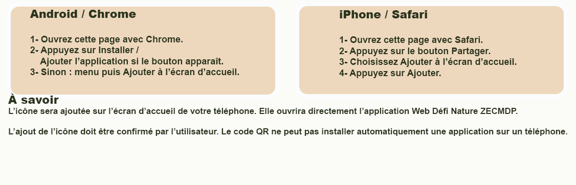 Instructions pour ajouter Défi Nature à l’écran d’accueil sur Android, Chrome, iPhone et Safari.